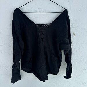 Free People Black Crochet Detail Linen Blouse